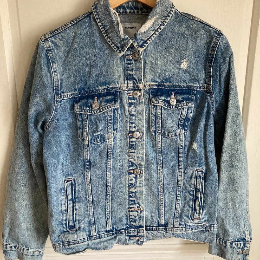 Old Navy denim jean jacket distressed women's size L